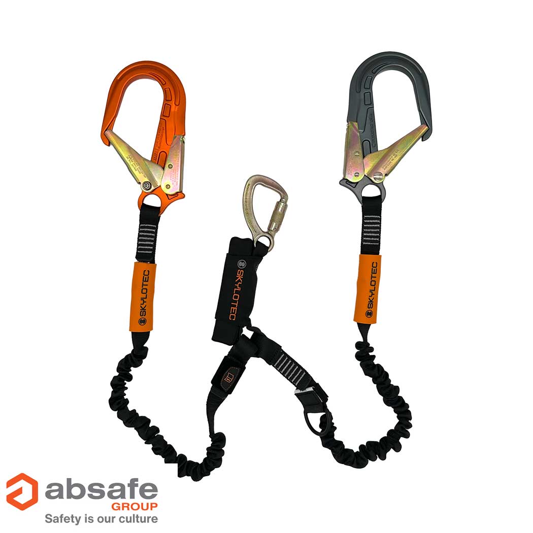 Skylotec SKYSAFE PRO + Elasticated Twin Leg Lanyard - 22mm gate steel t/action karabiner & 65mm gate Alloy & steel scaffold hook. 1.8m